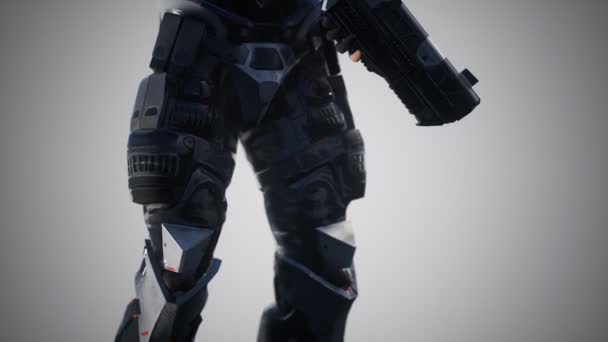 Futuristic soldier in steel armor with the cyber punk gun — Stock Video