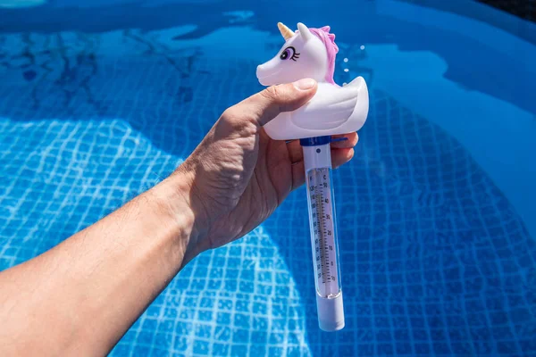 用有趣的温度计检查游泳池水的温度 独角兽池温度计 免版税图库图片