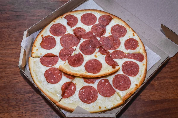 Pizza Box Wooden Table Closeup — Stock Photo, Image