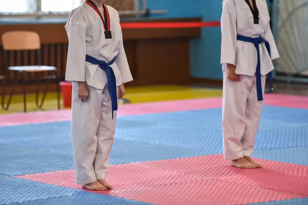 Taekwondovy Děti Dva Chlapci Sportovci Stojí Taekwondo Uniformě Modrými Pásy — Stock fotografie