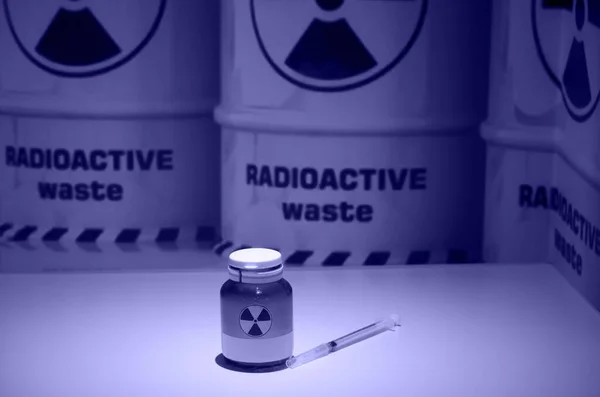 Liquid Container Syringe Background Barrels Radioactive Waste Photo Toned Color — Stock Photo, Image