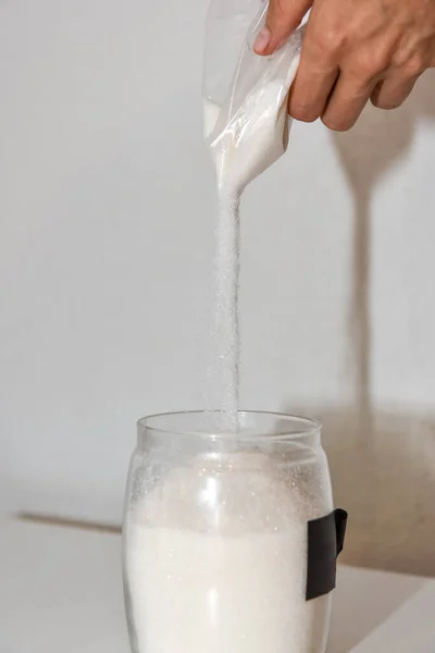 Storing Sugar Home Arranging Place Kitchen Pouring Sugar Bag Plastic — Stock Photo, Image