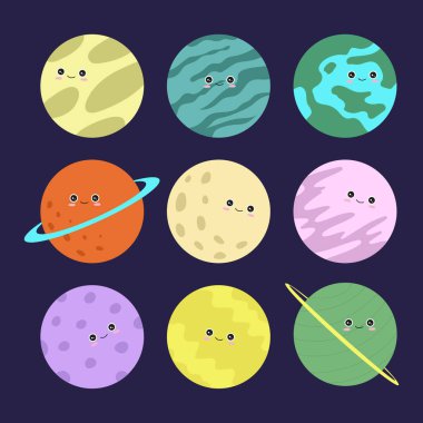 Şirin gökada, uzay, güneş sistemi elemanları. Kawaii ay, güneş ve gezegenlerin çocuklar için illüstrasyon vektör. Çocuklar için izole tasarım öğeleri. Etiketler, etiket, simgeler, çocuklar için Infographics