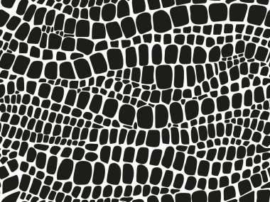 İzole edilmiş beyaz arka planda, yılan ve timsah derisinin kusursuz siyah ve beyaz deseni. Hayvanın stok dokusu. Moda tasarımı, kumaş duvar kağıdına baskı, web sitesi şablonu tasarımı.