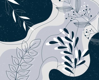 Organik şekilleri, yaprakları, dalları ve bitkileri olan botanik afişi. Tatil ve iş için modaya uygun karalama tarzında soyut doğal unsurlar. Basit, minimal tasarım. Modern trend vektör arkaplanı