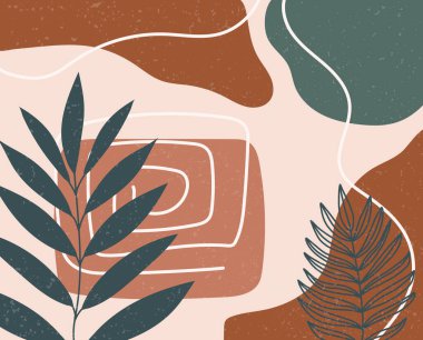 Soyut doğa sanat vektörü arka planı. Modern duvar kağıdı şekilli sanat. Boho yaprakları, botanik tropikal yapraklar ve yaz satışı afişleri, duvar resimleri, baskılar ve kumaşlar için çiçek deseni..