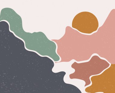 Soyut modern estetik manzaralar güneş, ay, deniz, dağlar. Toprak tonları, pastel tonlar. Boho tarzında bir duvar dekoru. Modern minimalist sanat baskısı. Düz soyut tasarım.