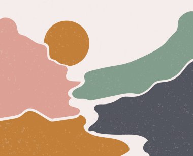 Soyut modern estetik manzaralar, gün doğumu, gün batımı, gece. Toprak tonları, pastel tonlar. Boho tarzında bir duvar dekoru. Modern minimalist sanat baskısı. Düz tasarım.