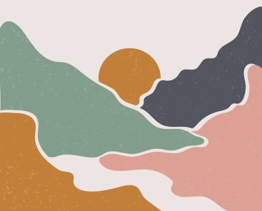 Üç Soyut Estetik Orta Çağ modern manzara seti Çağdaş Boho poster şablonu. Sanat baskısı, kartpostal, duvar kağıdı, duvar sanatı için asgari ve doğal çizimler.