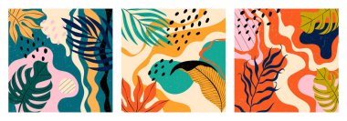 Üç el çizilmiş kusursuz desenler. Tropik orman yaprakları ve farklı şekiller. Soyut, modern, kusursuz kalıplar. Yama biçiminde modern vektör illüstrasyonu. Her desen izole edilmiş