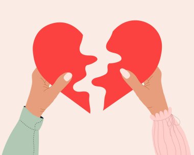 Erkek ve kadın kalp şeklindeki bulmaca içine puzle küçük parçalar eklemek. Anlayış kavramı. Genç çift kendi realtionships kurar. Kavram. Vektör düz karikatür illüstrasyon. Sevgililer günü afişi