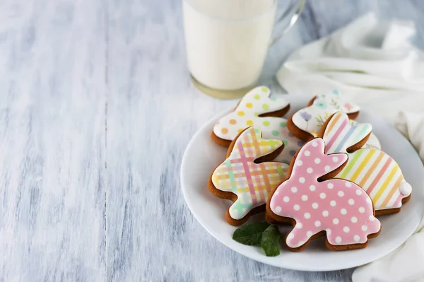 Light Table Blurred Image Plate Cookies Form Hares Cup Milk — Stock Photo, Image