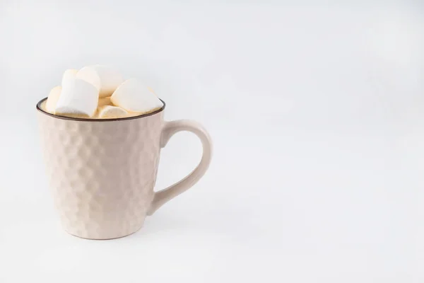 Cup Cocoa Marshmallows White Background Space Writing Text — Foto de Stock