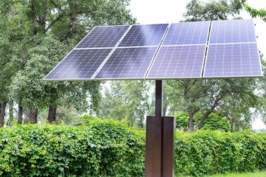Parkta, yeşil bitki örtüsüne karşı bir güneş paneli. Alternatif enerji.