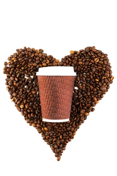 White Background Blurred Image Heart Made Coffee Beans Disposable Cup — Foto Stock