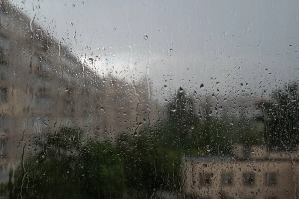 Blurred Image Raindrop Window Glass Backdrop City Thunderstorm Concept Bad — Foto Stock