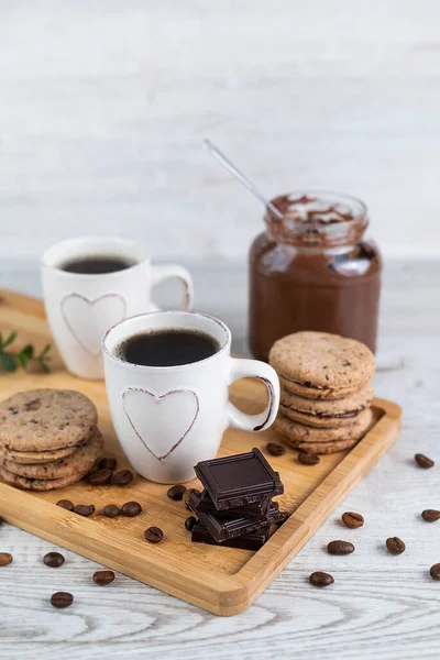 Blurred Image Espresso Cups Pieces Chocolate Cookies Jars Chocolate Paste — Foto de Stock