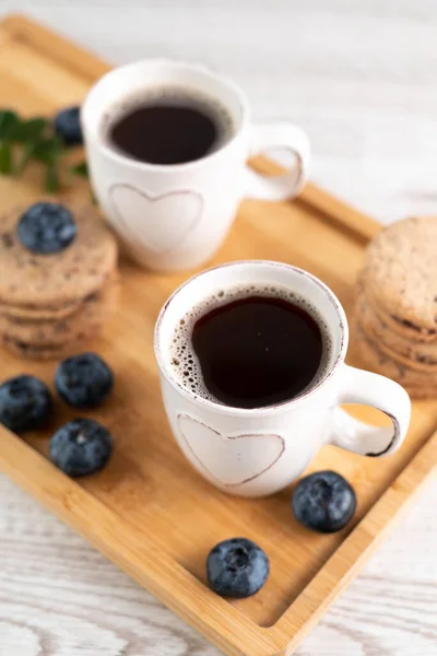 Blurred Image Tray Two Cups Espresso Cookies Blueberries Morning Coffee — Foto de Stock