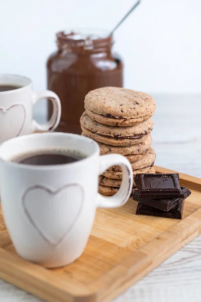 Blurred Image Cups Coffee Chocolate Chip Cookies Chocolate Paste Jar — Foto de Stock