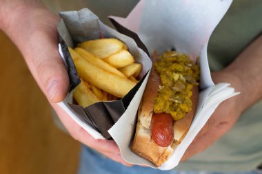 Sosisli sandviçin bulanık görüntüsü ve ellerinde kızarmış patates. Sokak yemekleri konsepti.