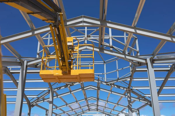 Detalhe Uma Plataforma Elevação Amarela Para Construção Construção Uma Estrutura — Fotografia de Stock