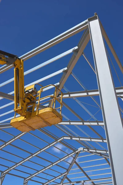 Detalhe Uma Plataforma Elevação Amarela Para Construção Construção Uma Estrutura — Fotografia de Stock