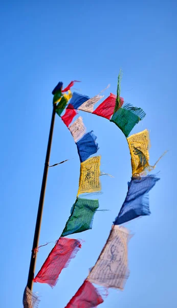 Detail Group Buddhist Tibetan Prayer Flags Flagpole Blue Sky — Photo