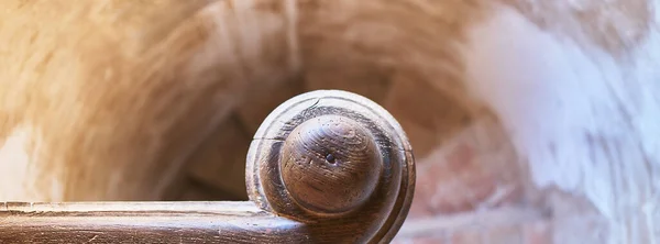 Detail Top View Stone Spiral Staircase Wooden Handrail — стоковое фото