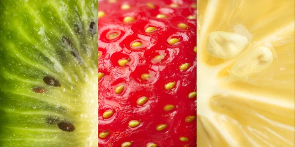 Macro foto van aardbei textuur, close up van een aardbei, citroen, kiwi fruit als achtergrond — Stockfoto