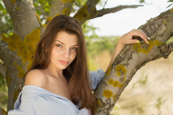 Bella ragazza sorridente vicino all'albero guardando sullo sfondo estivo — Foto Stock