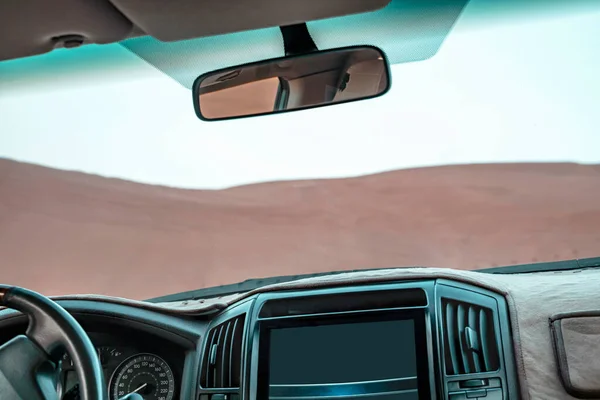 Desert Safari Car Panorama Car Interior Steering Wheel Dashboard — Stock Photo, Image