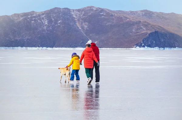 Baikaleis Und Eine Glückliche Familie Beim Schlittschuhlaufen Mit Hund Das — Stockfoto