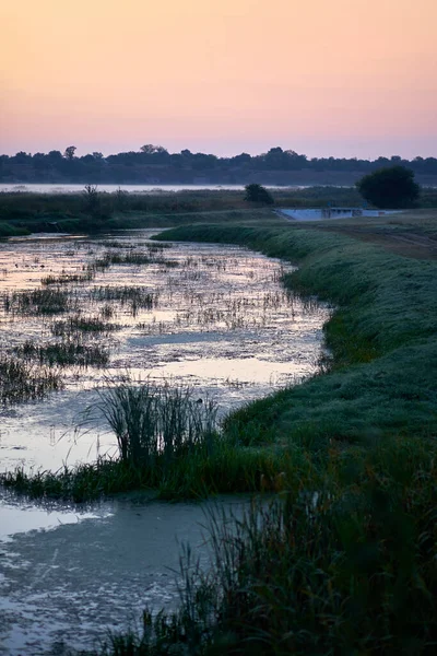 Kırsal bir nehir manzarasının dikey fotoğrafı ve güneş doğarken sabah sisi.