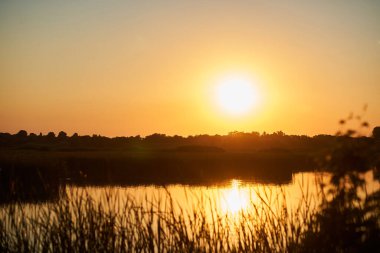 Kırsal nehir üzerinde gün batımı manzarası ve ön planda çimenler