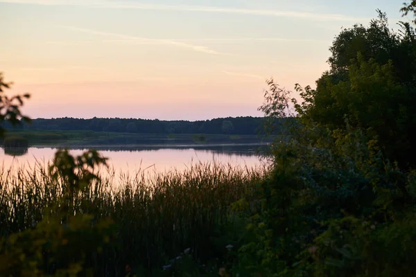 Yaz günbatımında kırsal nehir manzarası