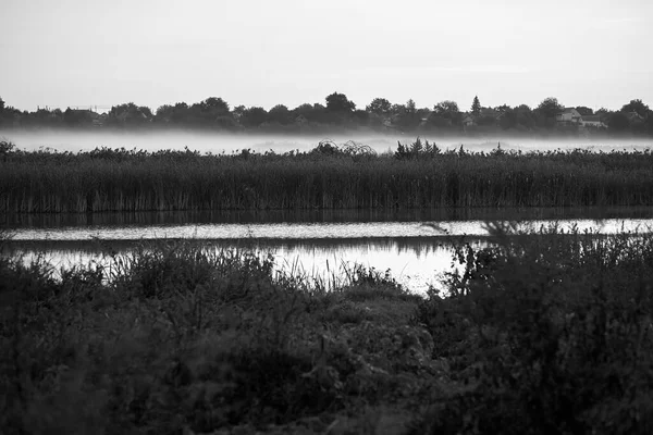 Czarno Białe Zdjęcie Mgły Nad Rzeką Zachodzie Słońca — Zdjęcie stockowe