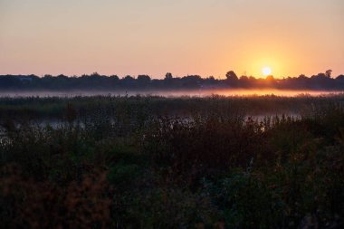 Yazın kırsal bir nehir üzerinde gün batımı ve ön planda çimenler