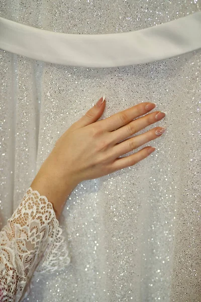 Vertical Photo Close Bride Hand Stroking Her Wedding Dress — Stockfoto