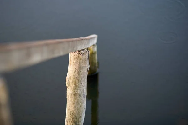 Close Wooden Stair Railing Ends Water — Foto de Stock