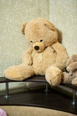 Vertical photo of a child's brown plush soft toy sitting in the corner of the room on a table