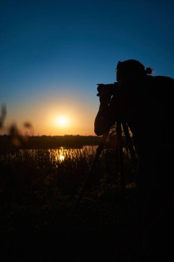 Vertical shot of sunset with the photographer and a weed branch at the background out of focus