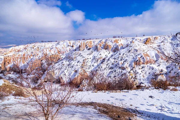 Bellissimo Paesaggio Piccioni Stanno Volando Cappadocia Valle Dei Piccioni Uchisar — Foto Stock