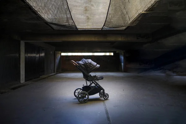 Baby strollers alone in a underground shelter-civilian casualties concept