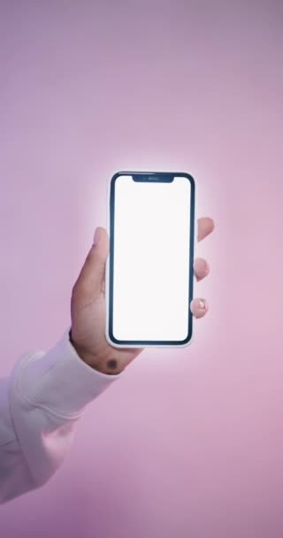 Young Man Hand Holding Smartphone Touching Phone White Screen — Wideo stockowe