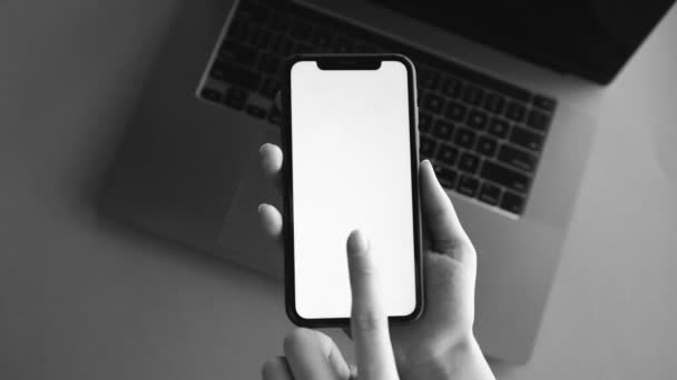 Young Man Hand Holding Smartphone Touching Phone White Screen — Wideo stockowe