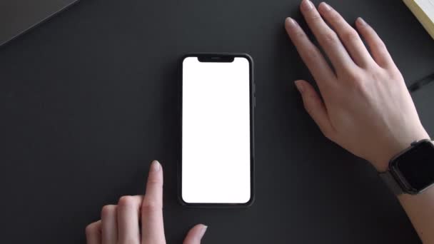 Young Man Hand Holding Smartphone Touching Phone White Screen — Wideo stockowe