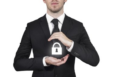 Businessman protecting lock symbol