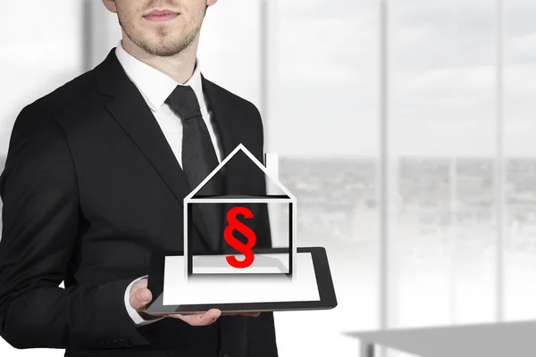 Businessman tablet paragraph house — Stock Photo, Image