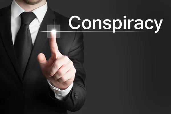 Businessman touchscreen conspiracy — Stock Photo, Image