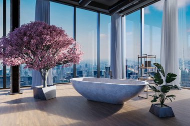 freestanding granite bathtub in large loft apartment; luxury interior indoor cherryblossom tree and panoramic skyline view; 3D rendering